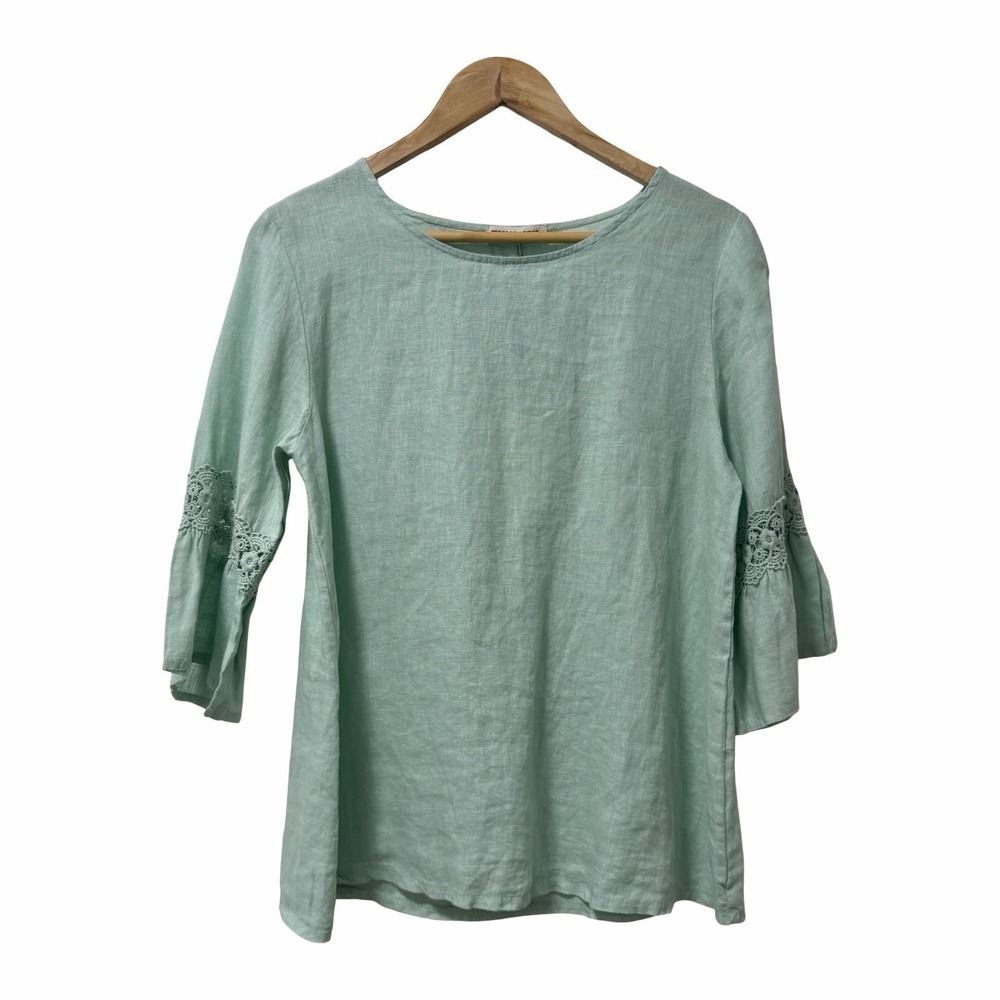 Terzo Millenio 100% Linen Lace Trim Bell Sleeve Top Size M Sage Coastal Travel